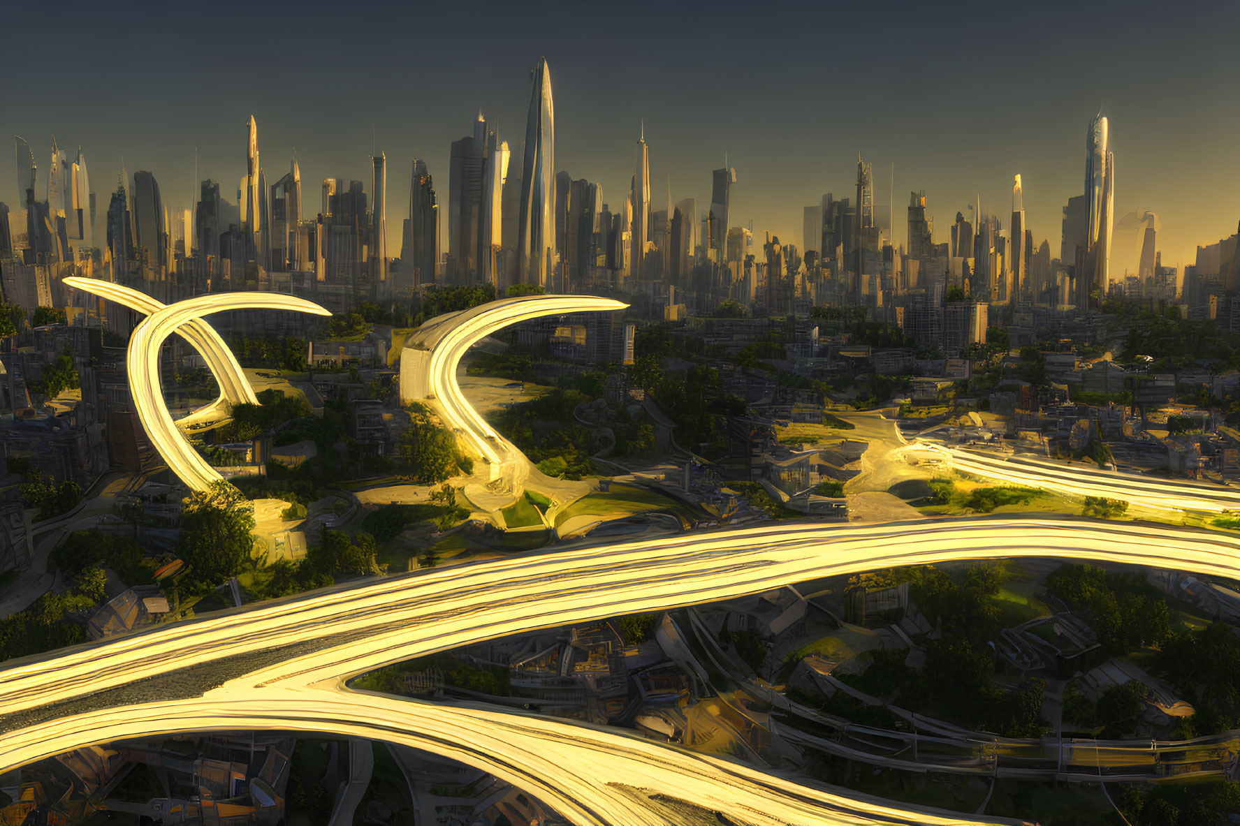 Futuristic cityscape with curving highways and towering skyscrapers at sunset