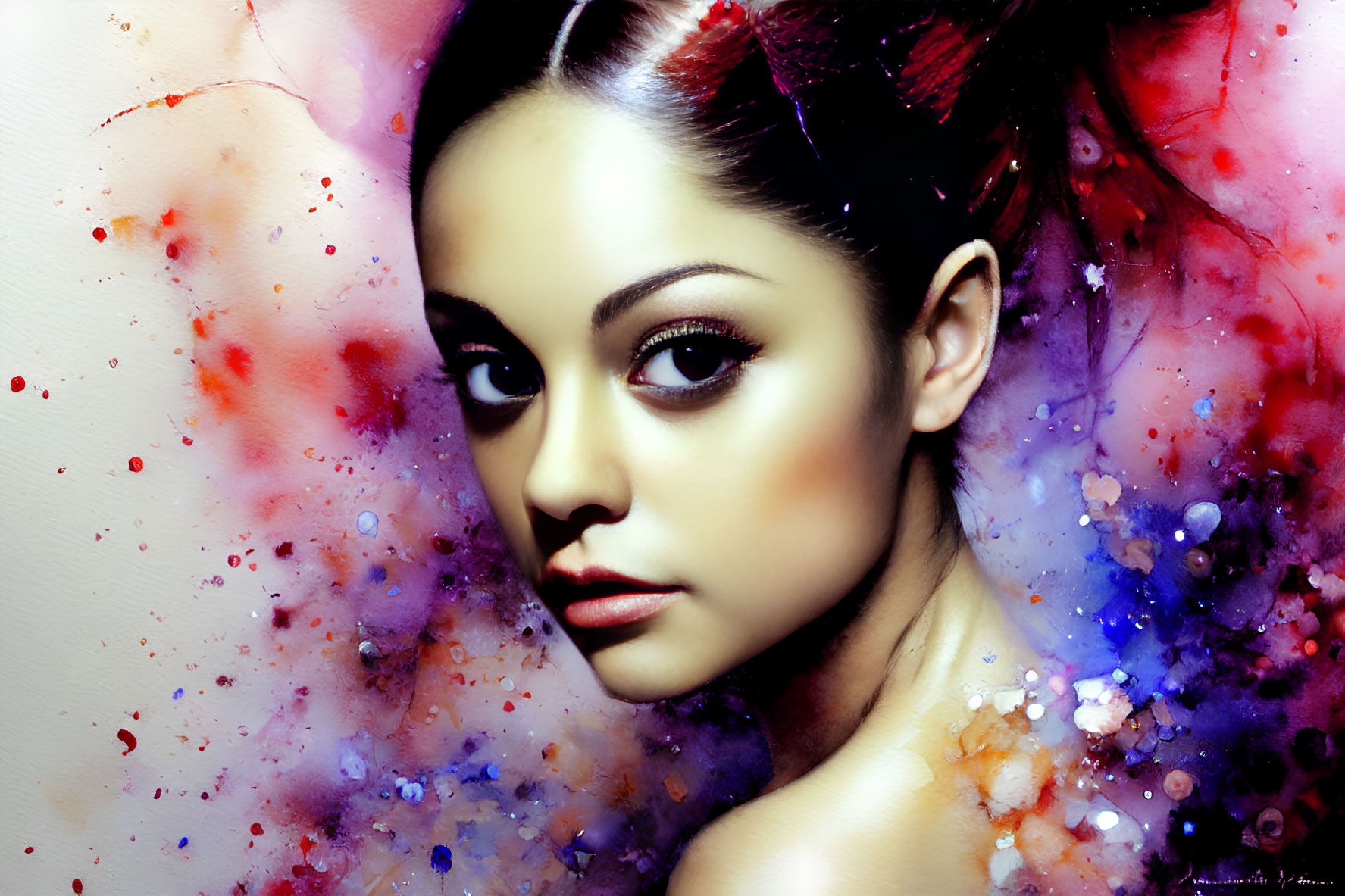 Vividly colored abstract portrait of a woman with striking makeup