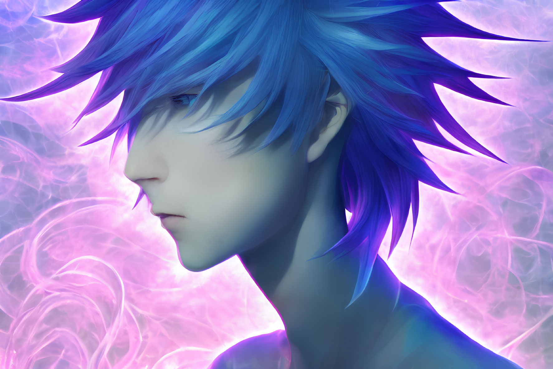 Illustrated character with spiky blue hair in solemn expression against swirling purple backdrop