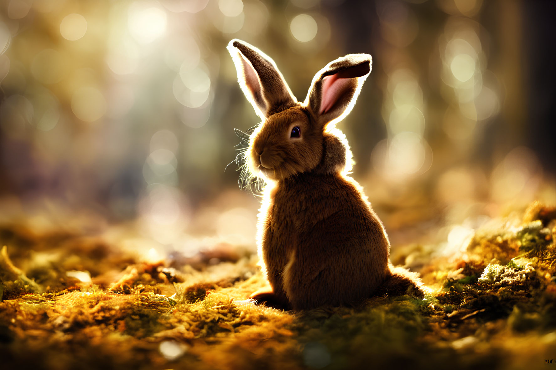 Brown Rabbit Sitting in Forest Sunlight with Bokeh Background