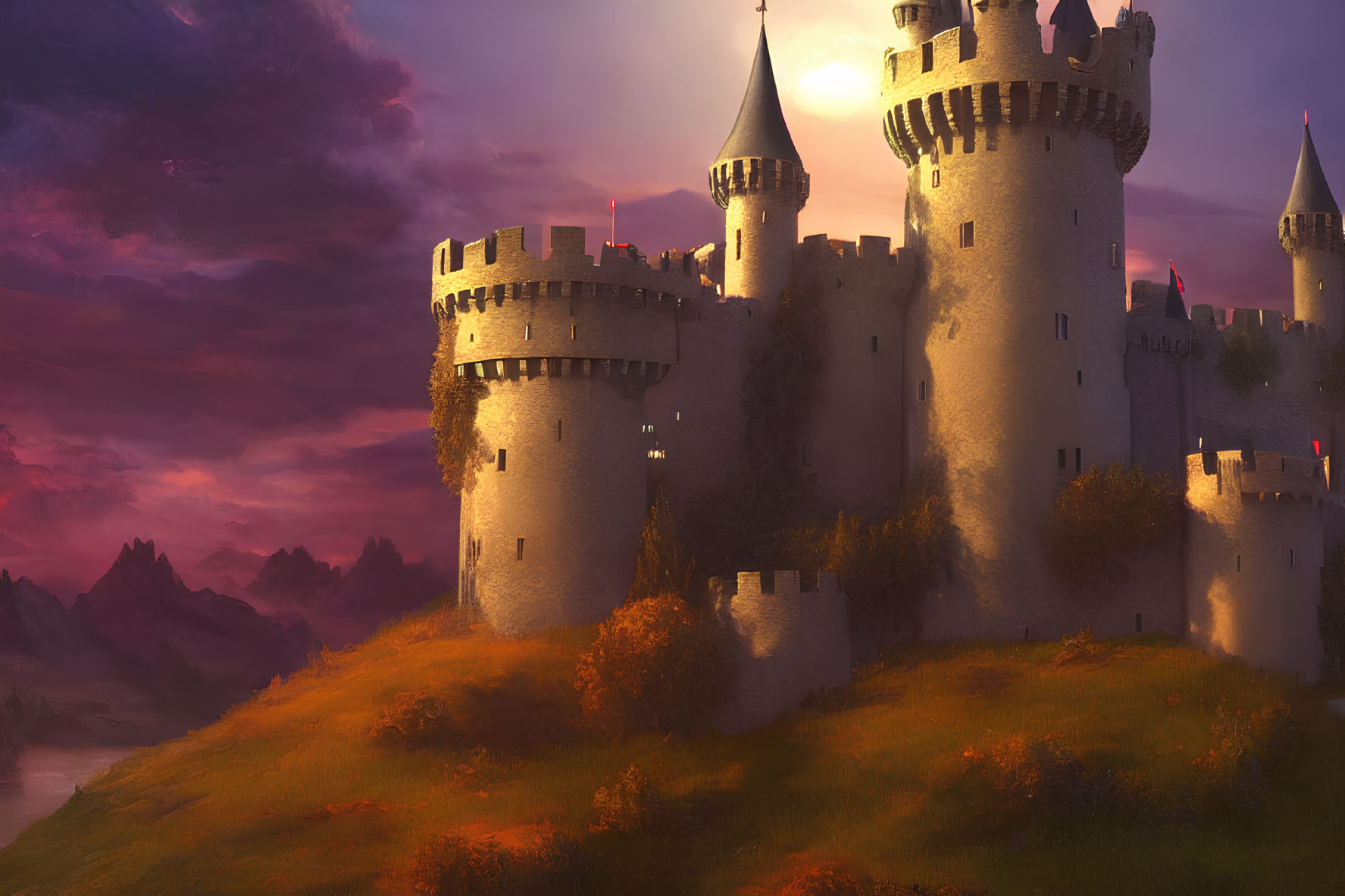 Sunset view of majestic castle with radiant skies and lush landscape