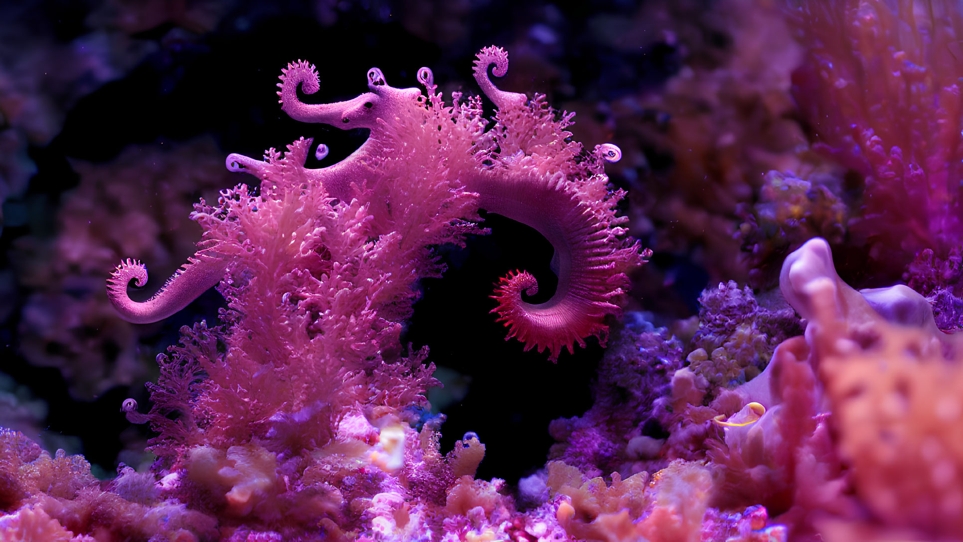 Pink seahorse camouflaged in purple underwater scene