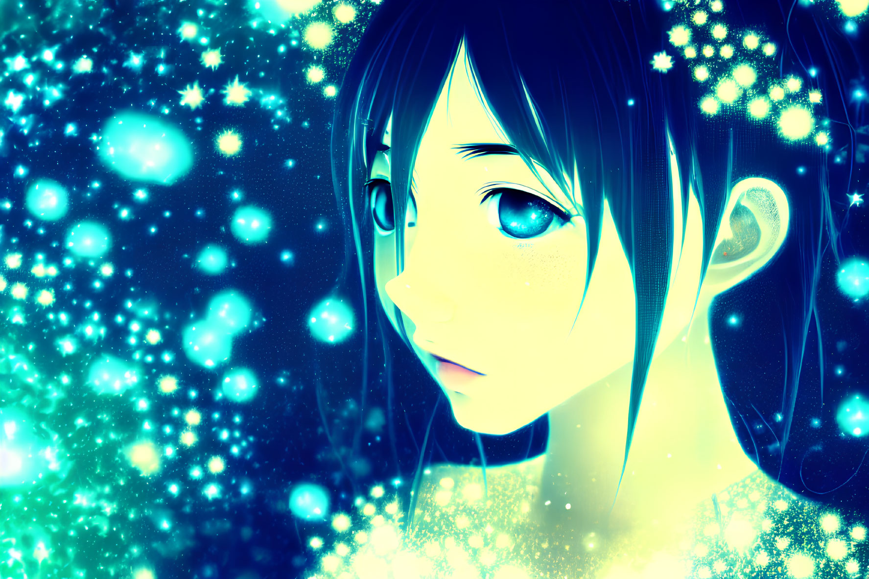 Illustration of girl with blue eyes and dark hair in cosmic setting
