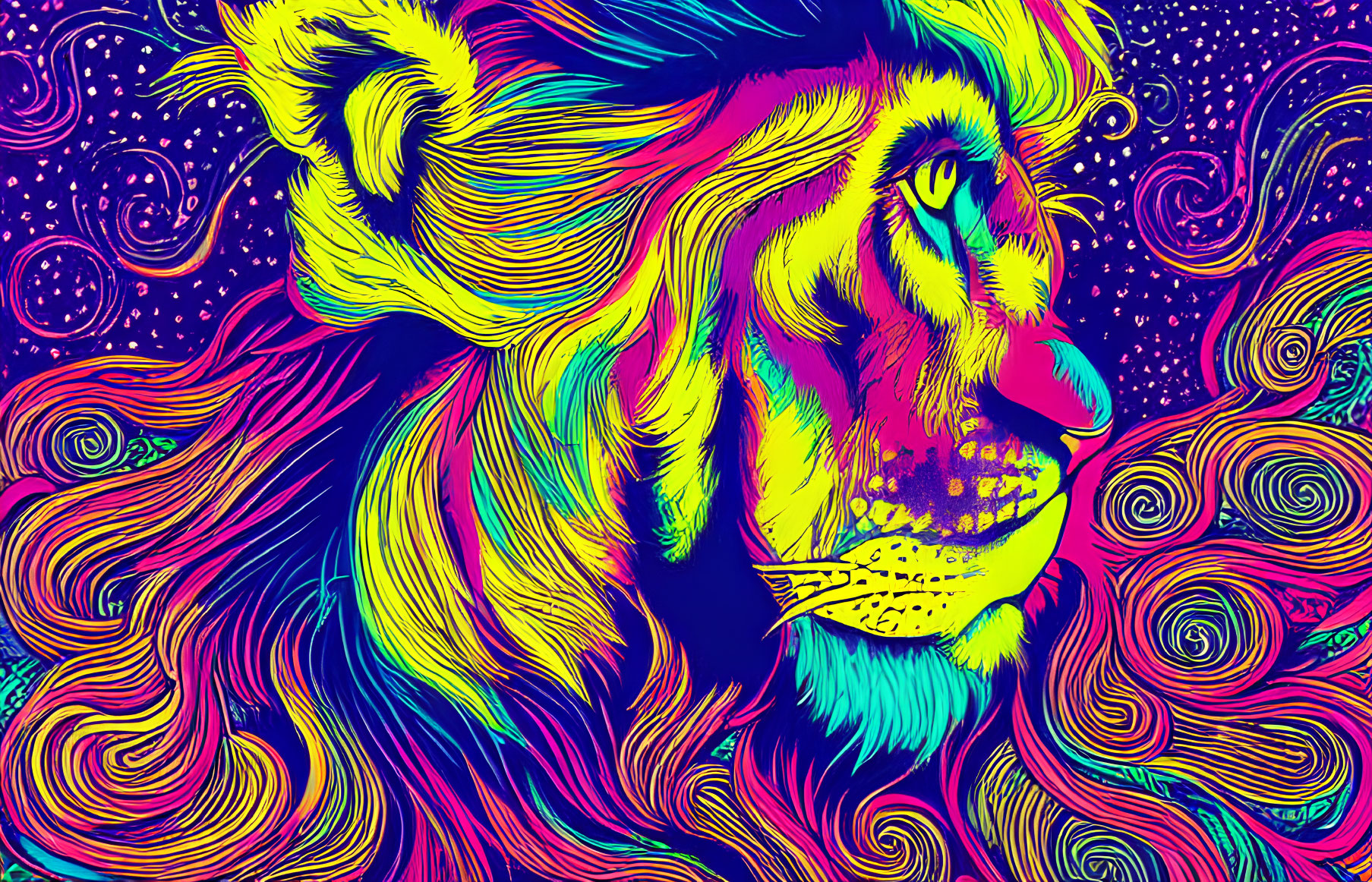 Colorful Psychedelic Lion Illustration with Swirling Patterns