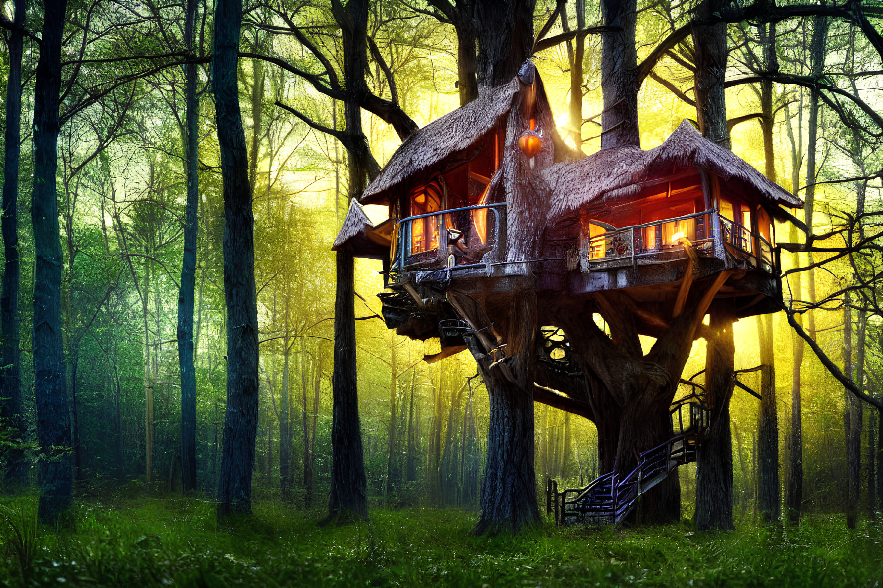Cozy treehouse with thatched roof in forest setting