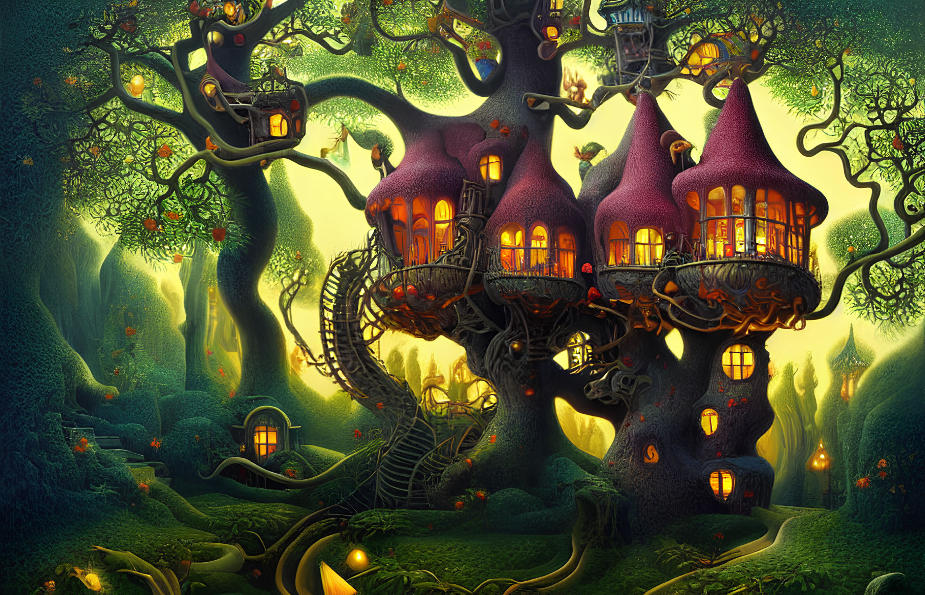 Enchanted forest with fantasy tree houses and glowing windows