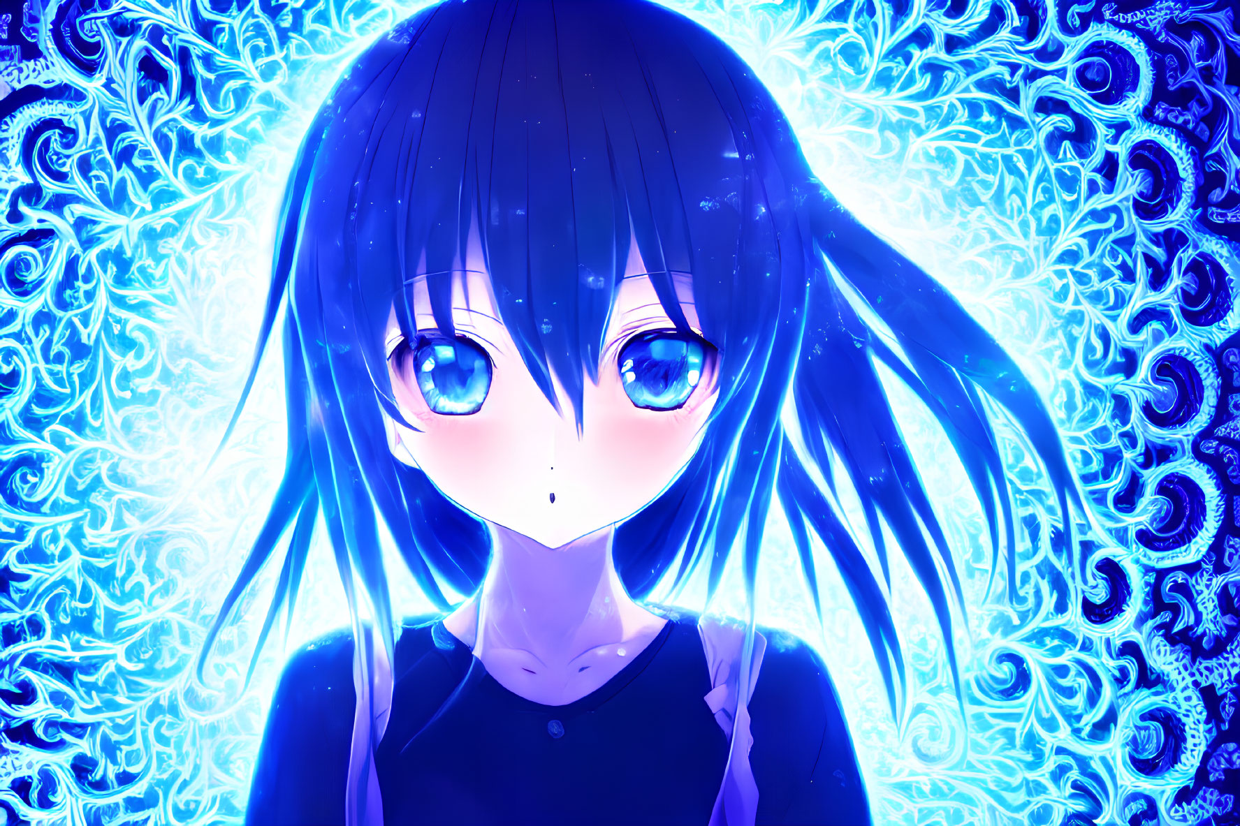 Anime-style girl with blue eyes and black hair on blue ornate background