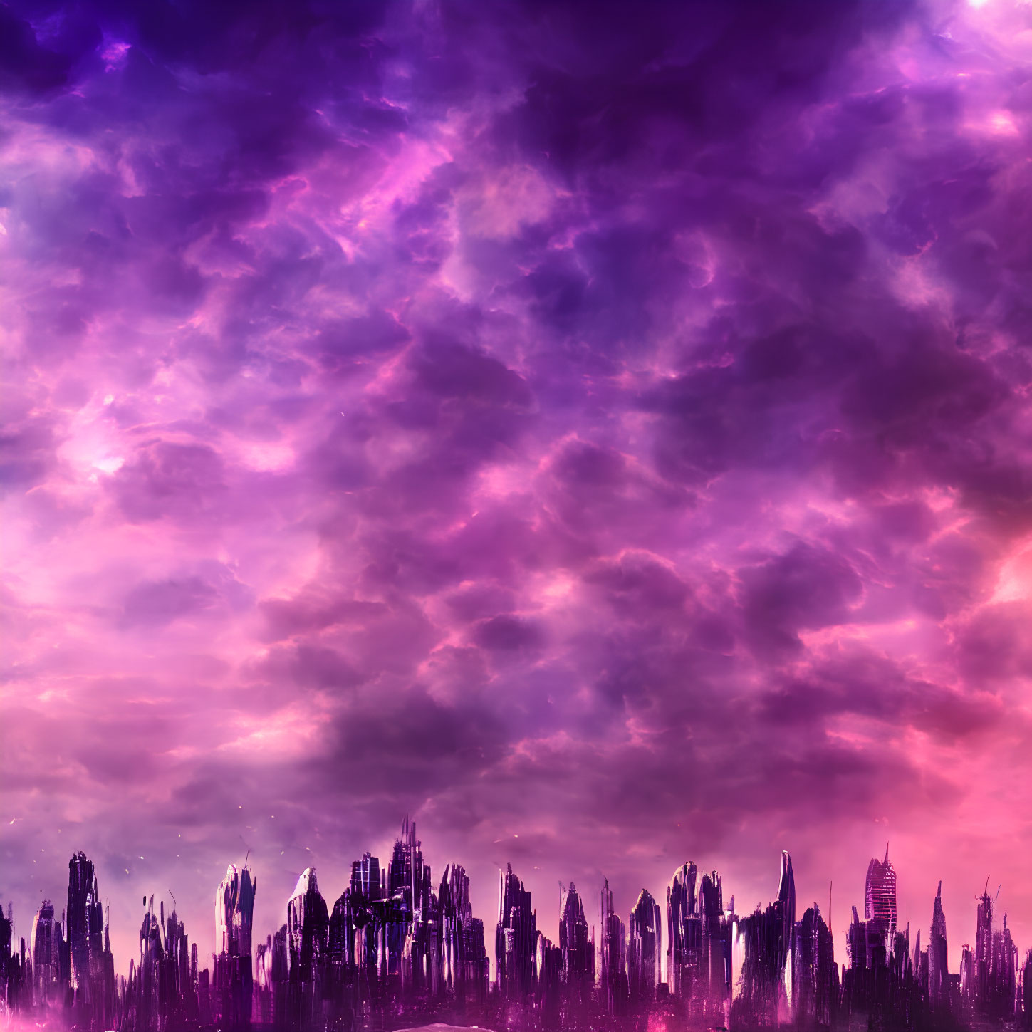 Abstract purple-hued skyline under dynamic sky with futuristic city vibes