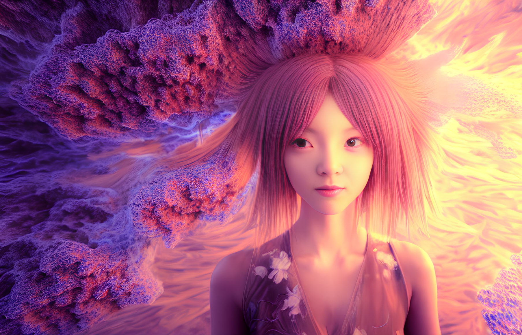 Vibrant digital artwork: Female figure with pink hair on purple and orange fractal backdrop