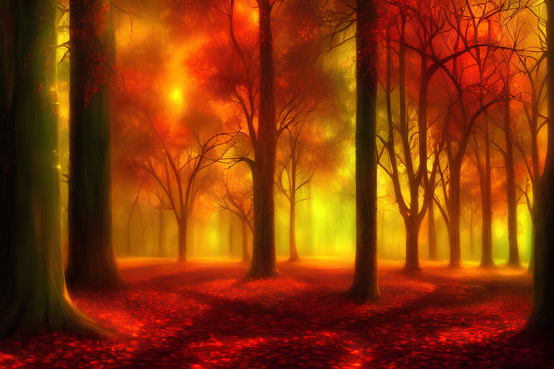 Vibrant red and orange autumn forest with golden light filtering through trees