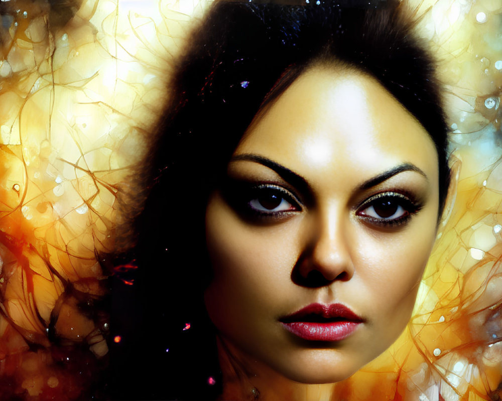 Dark-haired woman with striking eye makeup on abstract background in orange and yellow hues.