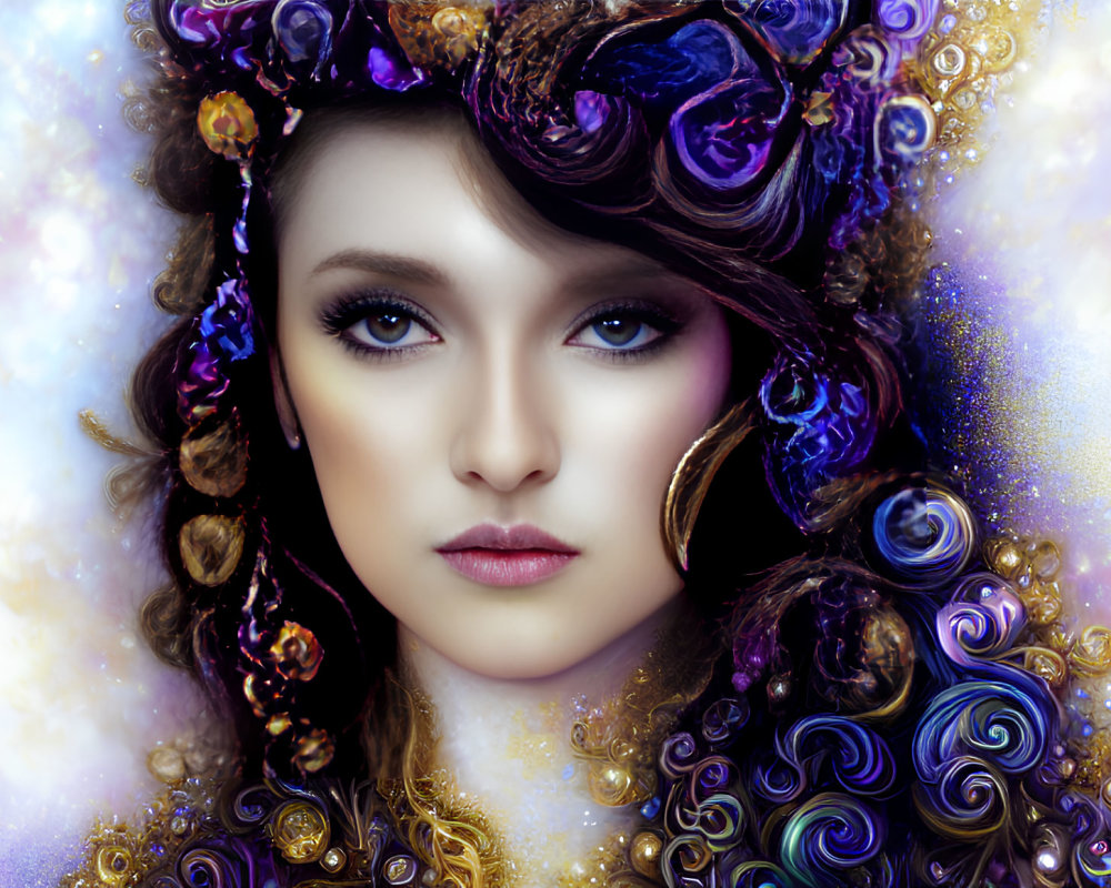 Digital artwork: Woman with jewel-toned hair and floral adornments in pastel nebula setting