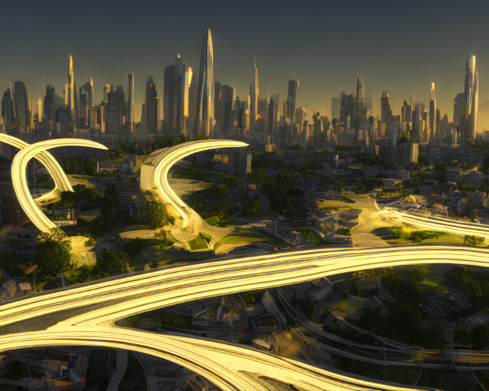 Futuristic cityscape with curving highways and towering skyscrapers at sunset