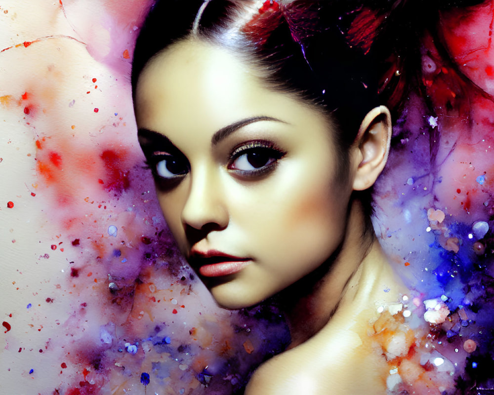 Vividly colored abstract portrait of a woman with striking makeup