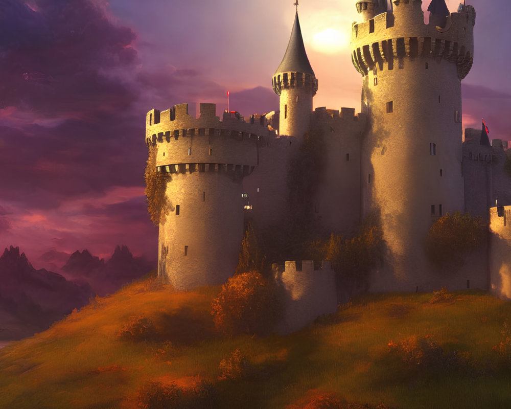 Sunset view of majestic castle with radiant skies and lush landscape