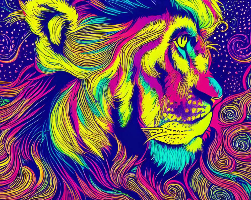 Colorful Psychedelic Lion Illustration with Swirling Patterns