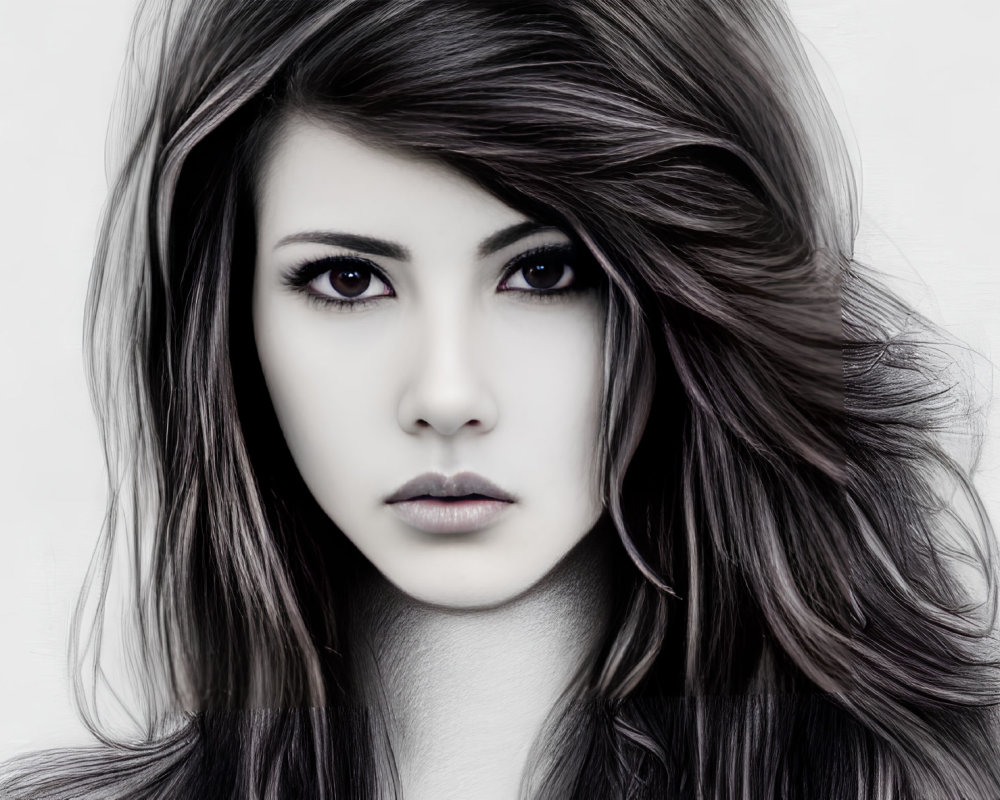 Monochrome digital portrait of young woman with voluminous wavy hair