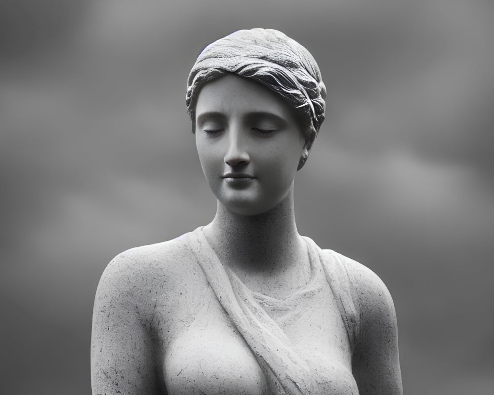 Monochrome photograph of serene woman statue with headscarf