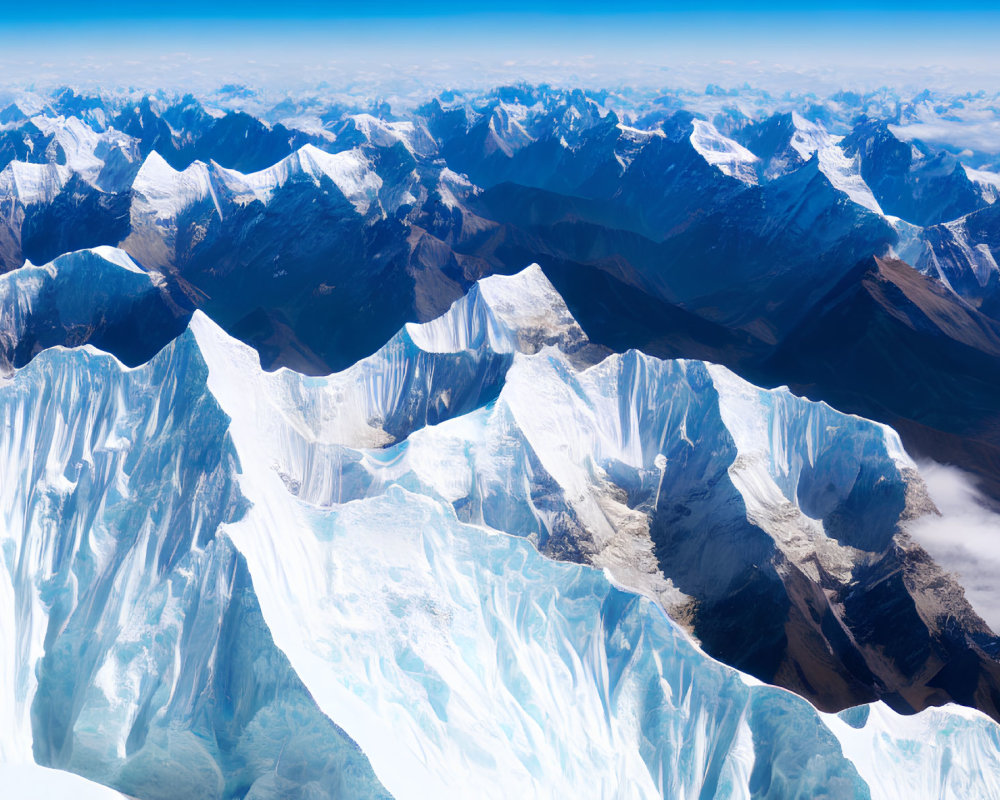 Snow-capped mountain range with glaciers in aerial view