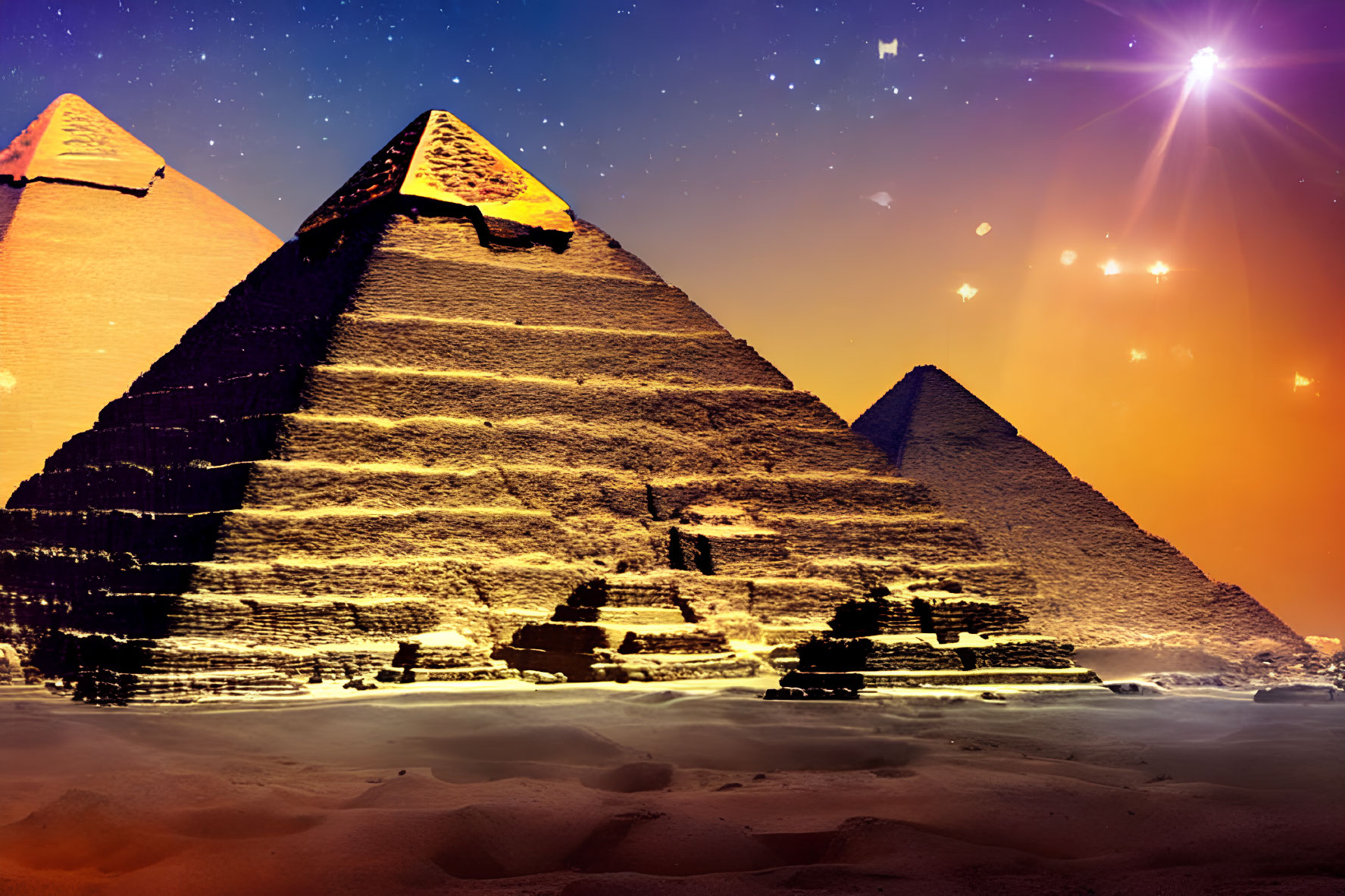 Iconic Great Pyramids of Giza illuminated at night with starburst effect
