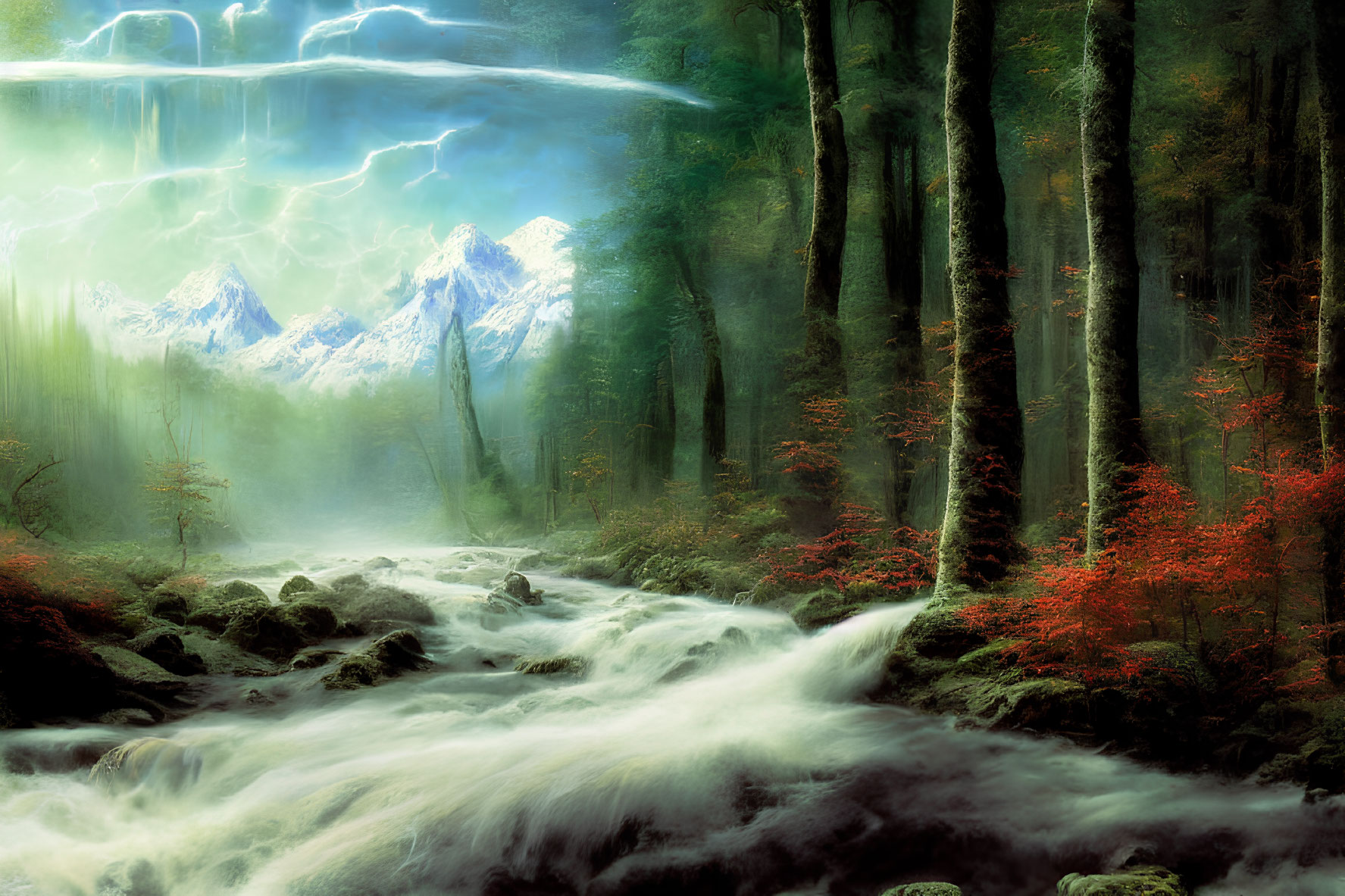 Mystical forest with rushing river, red trees, snowy mountains, stormy sky