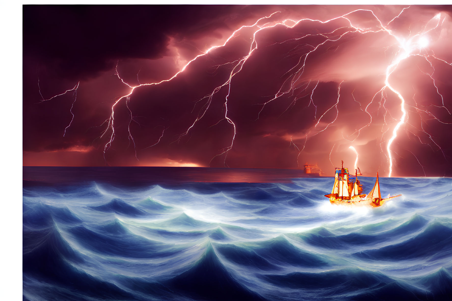 Stormy seascape with ship in thunderstorm.