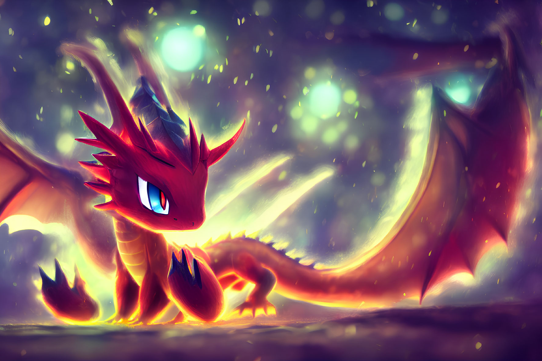 Red dragon with blue eyes in mystical nighttime scene
