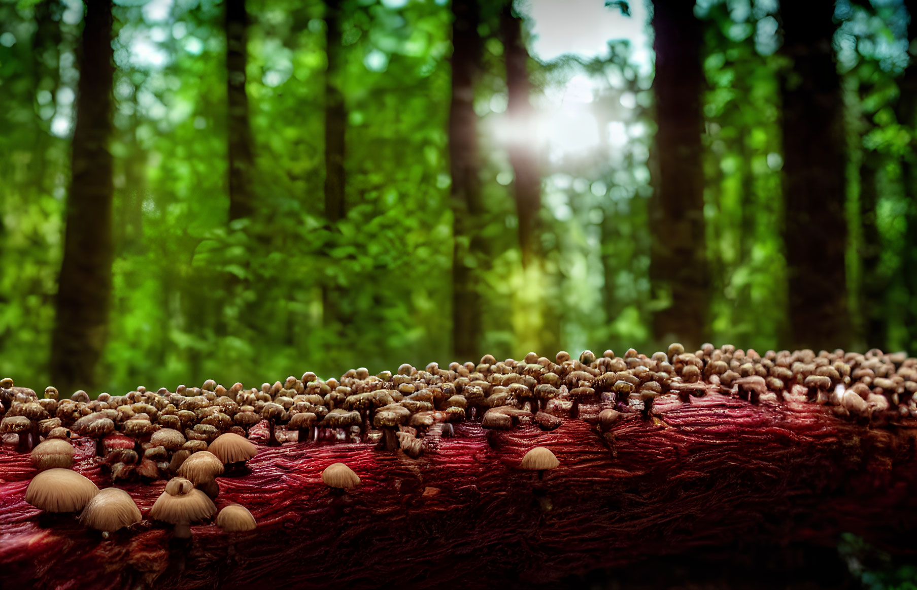 Lush Forest Scene with Sunlight and Mushrooms