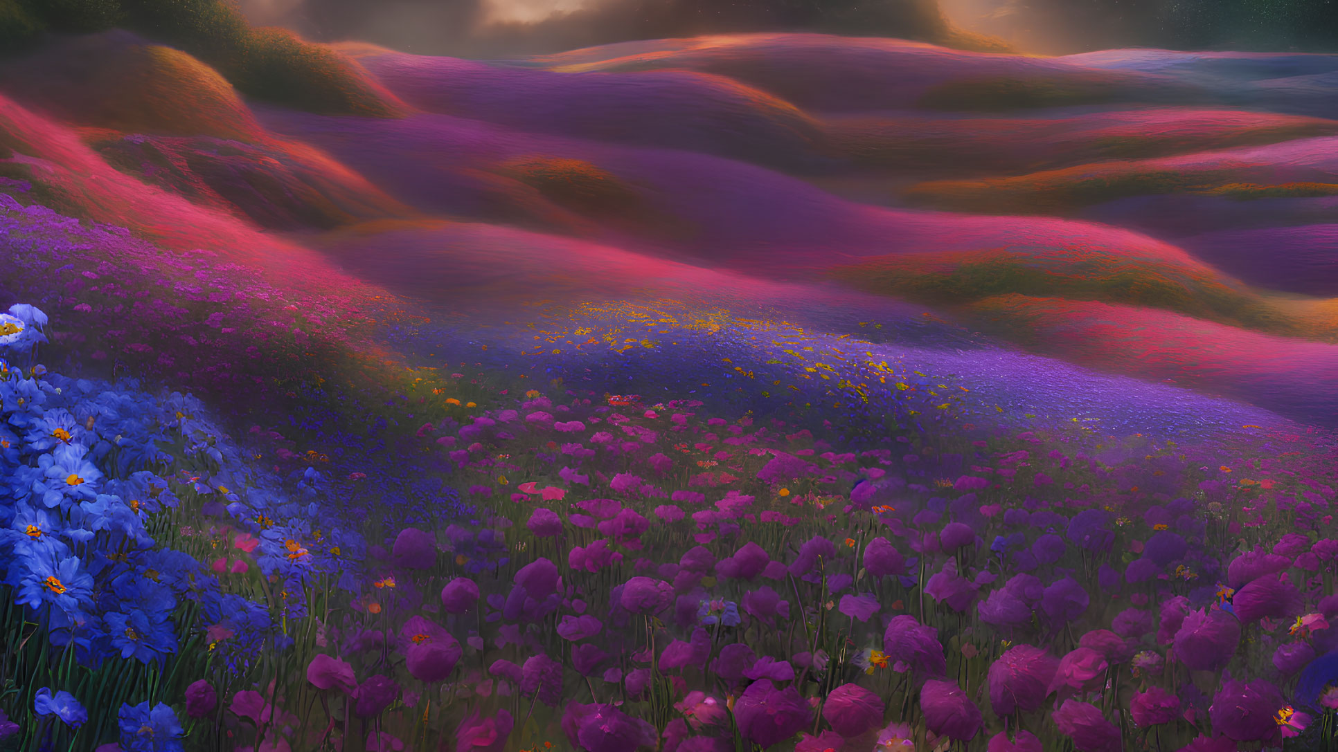 Colorful rolling hills with vibrant flowers under a warm glowing sky