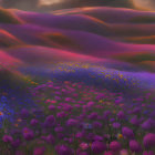 Long-haired anime girl in vibrant purple flower field at sunset