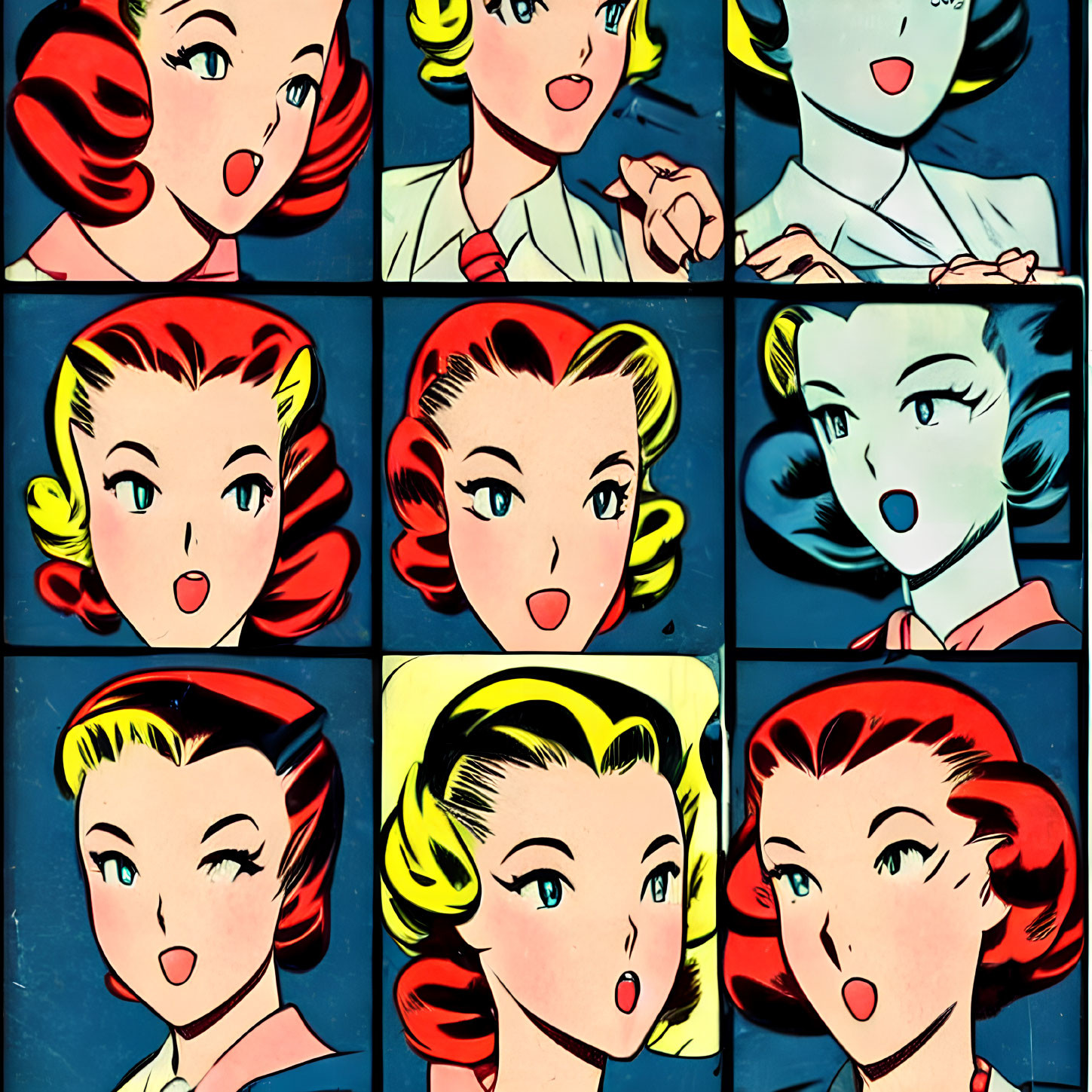 Colorful Pop Art Style Collage of Woman's Emotions in Nine Panels