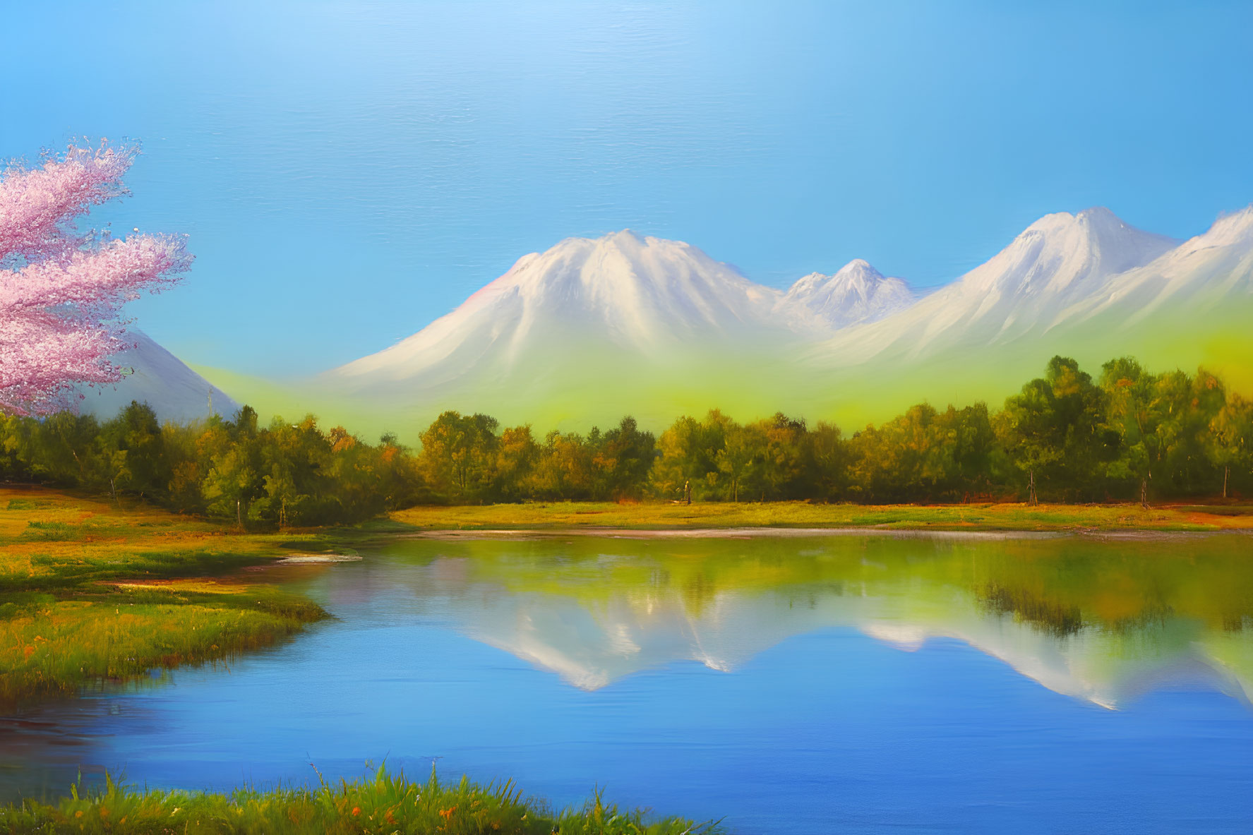 Snow-capped mountains, blossoming tree, lake, and blue sky in tranquil landscape.