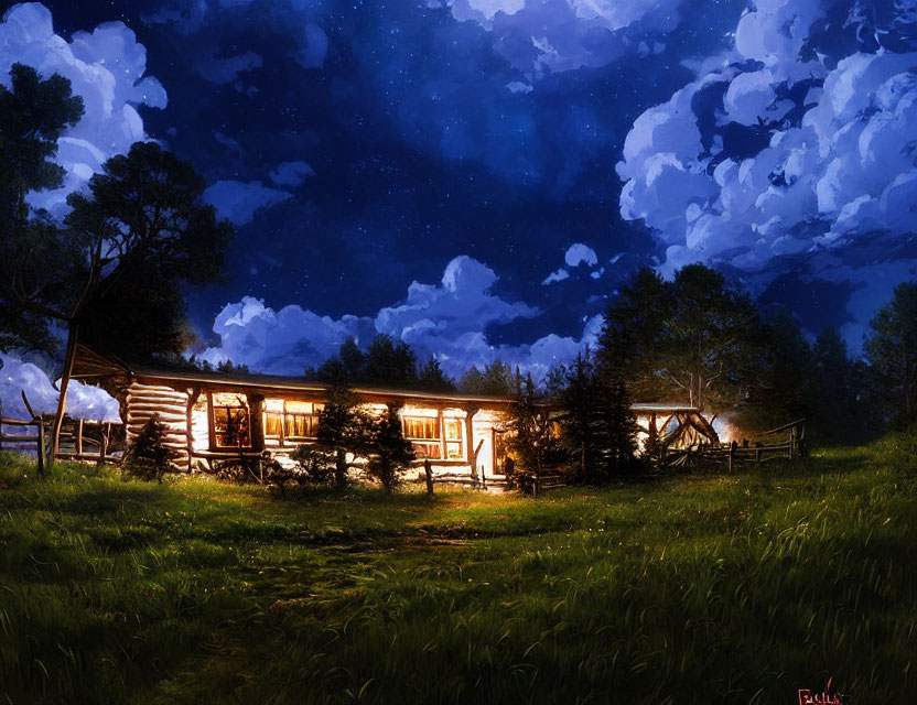 Rustic log cabin in forest clearing under starry night sky
