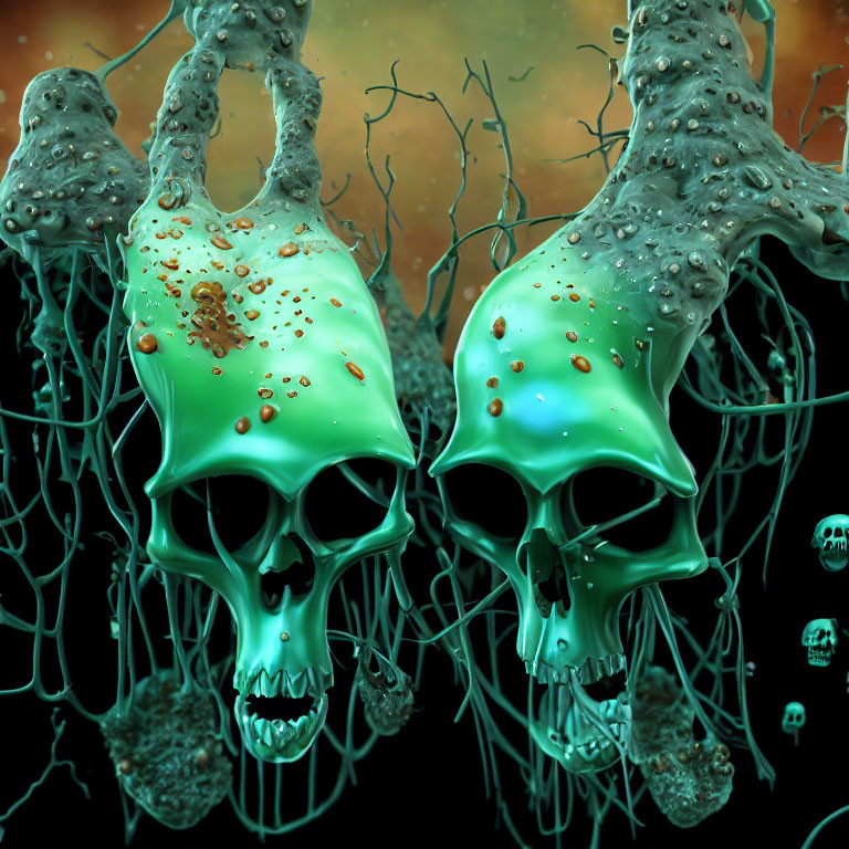 Neon green skulls dripping viscous substance in dark tendrils