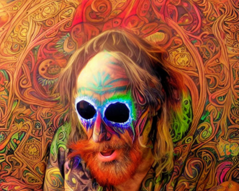 Colorful swirling patterns surround person in sunglasses