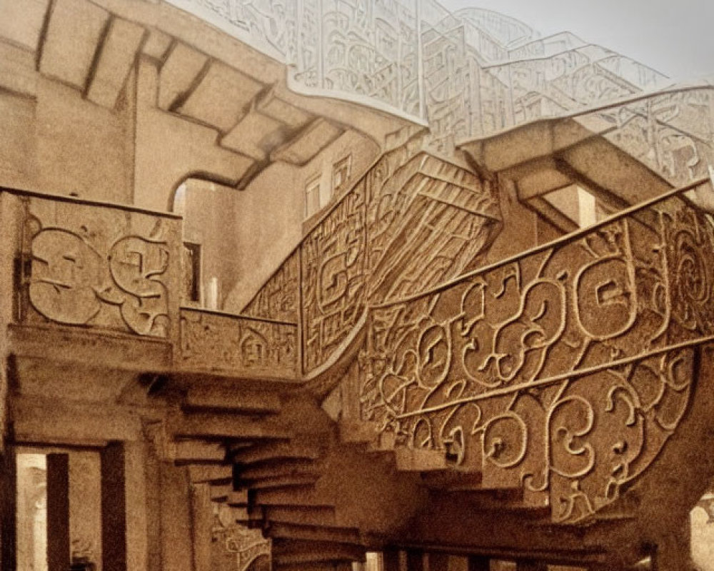 Sepia-Toned Intricate Architectural Drawing with Impossible Stairs