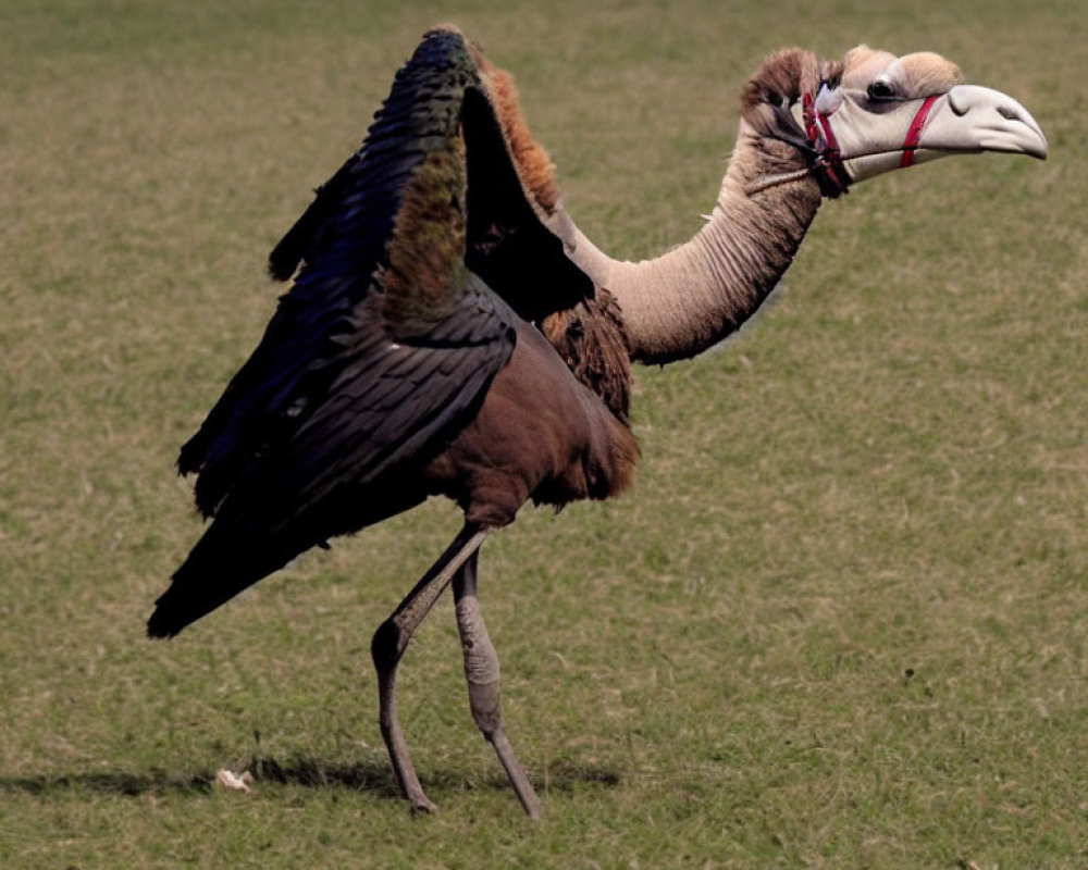 Vulture with outstretched wings in grass field with tracking device on beak