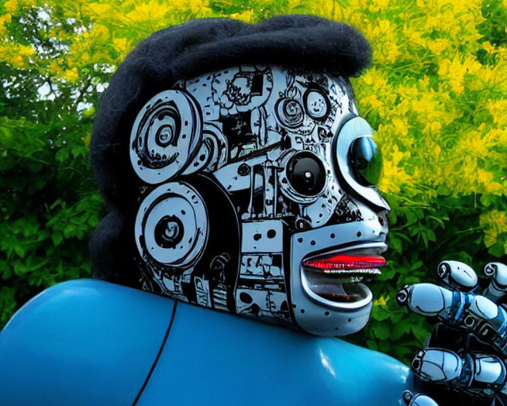 Detailed humanoid robot with black furry hat among yellow flowers