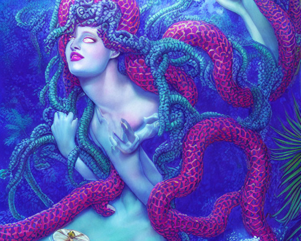 Vivid underwater scene with red-haired mermaid and octopus features
