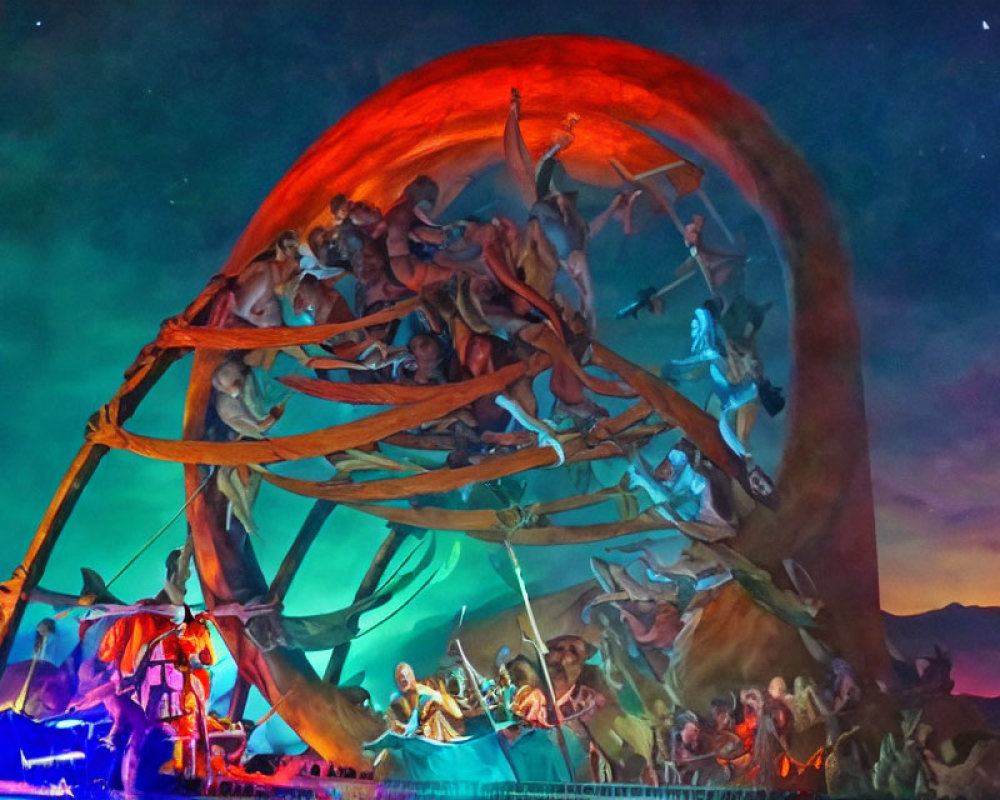 Acrobatic Show with Large Circular Structure and Dynamic Lighting