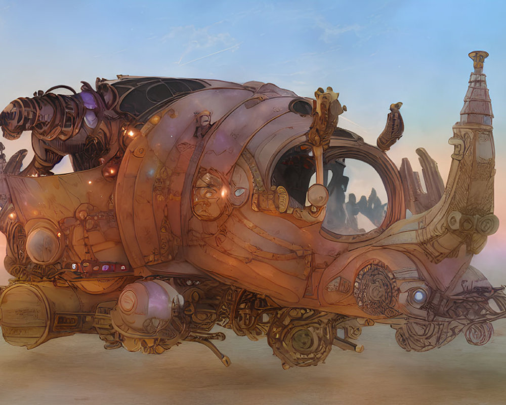 Steampunk-style vehicle with mechanical details in misty dusk setting