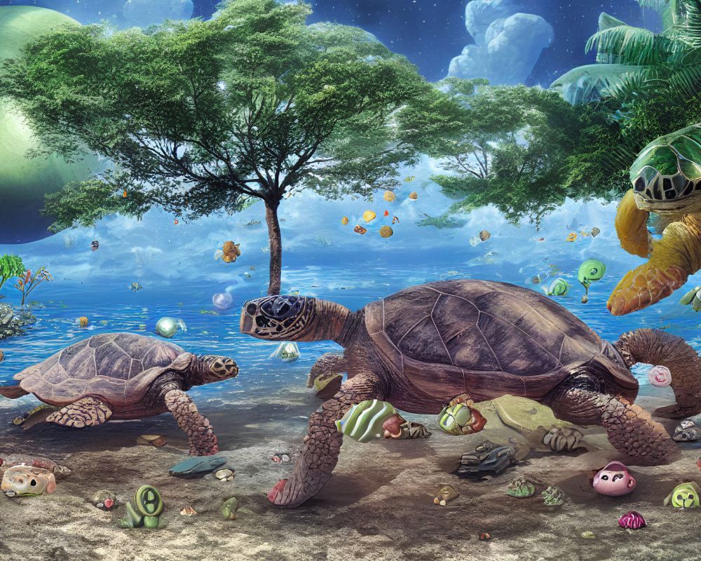 Colorful underwater scene with turtles, fish, tree, moon, and whimsical elements
