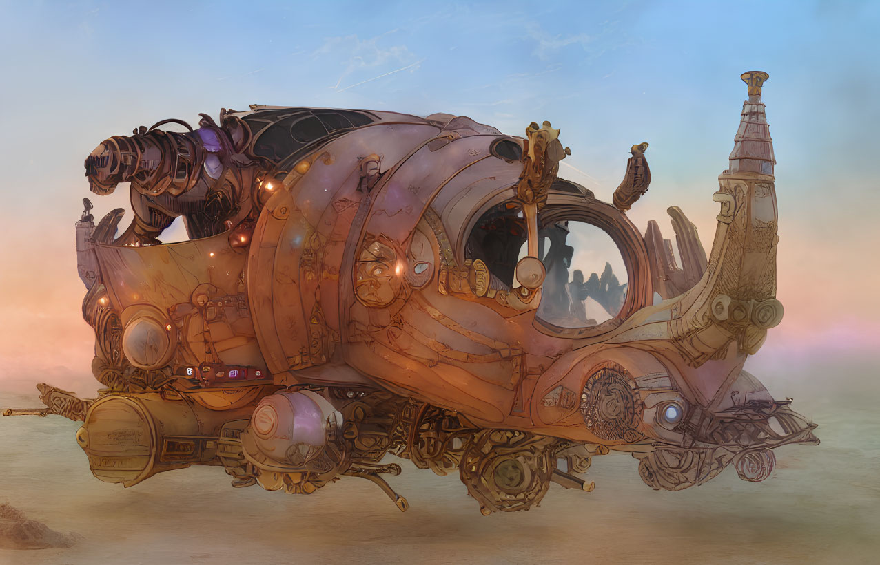 Steampunk-style vehicle with mechanical details in misty dusk setting