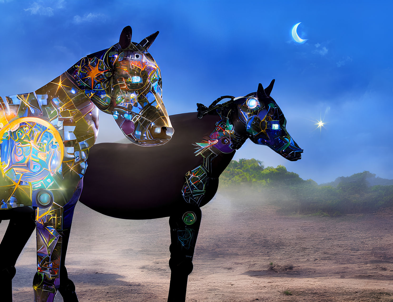 Digital Artwork: Two Horses with Circuitry Designs on Transparent Body