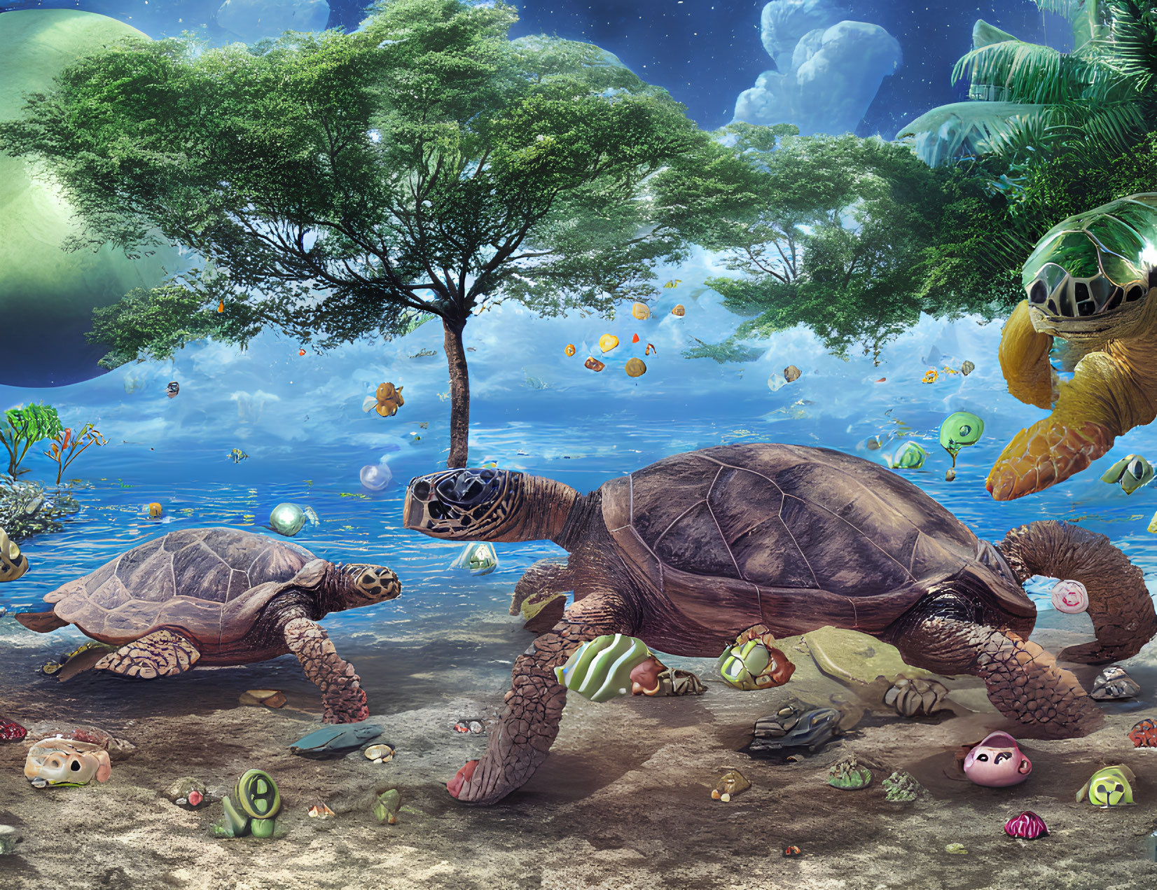 Colorful underwater scene with turtles, fish, tree, moon, and whimsical elements