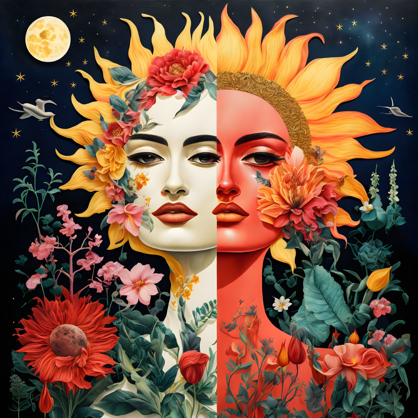 Dual Moon's Dream: Frida's Surreal Blossoms