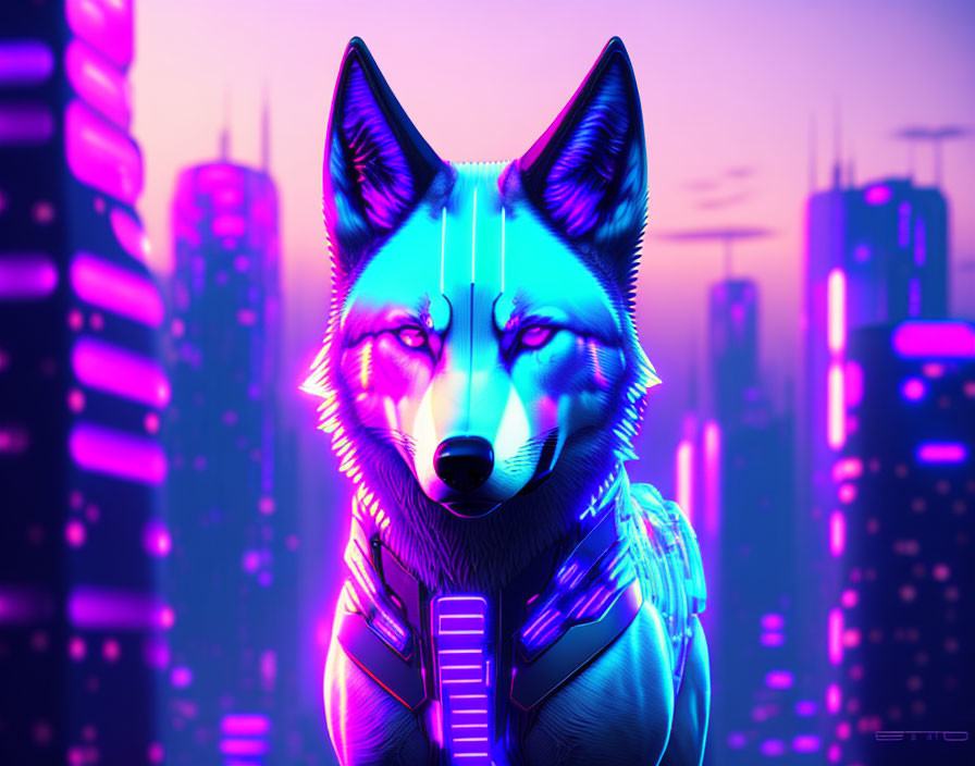Neon Apex: Cyberwolf in Futuristic Night