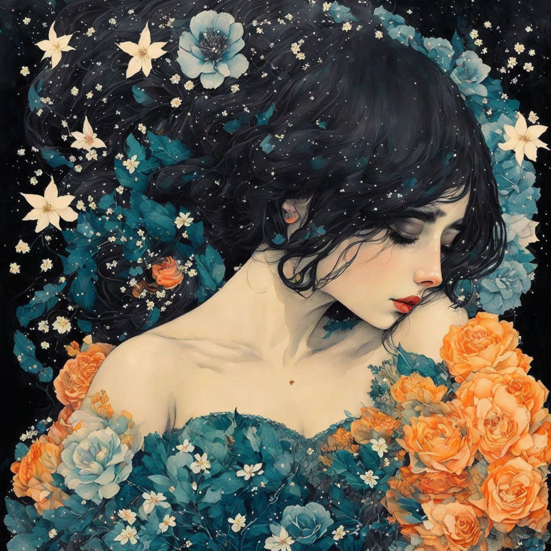 Starry Blossom: Woman Amid Floral Constellations