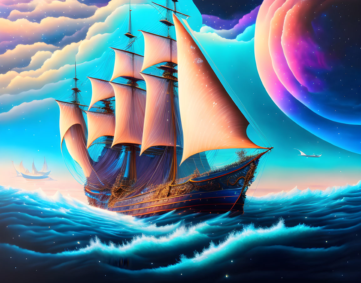 Celestial Voyager: Dreamlike Sail Ship on Alien Wa