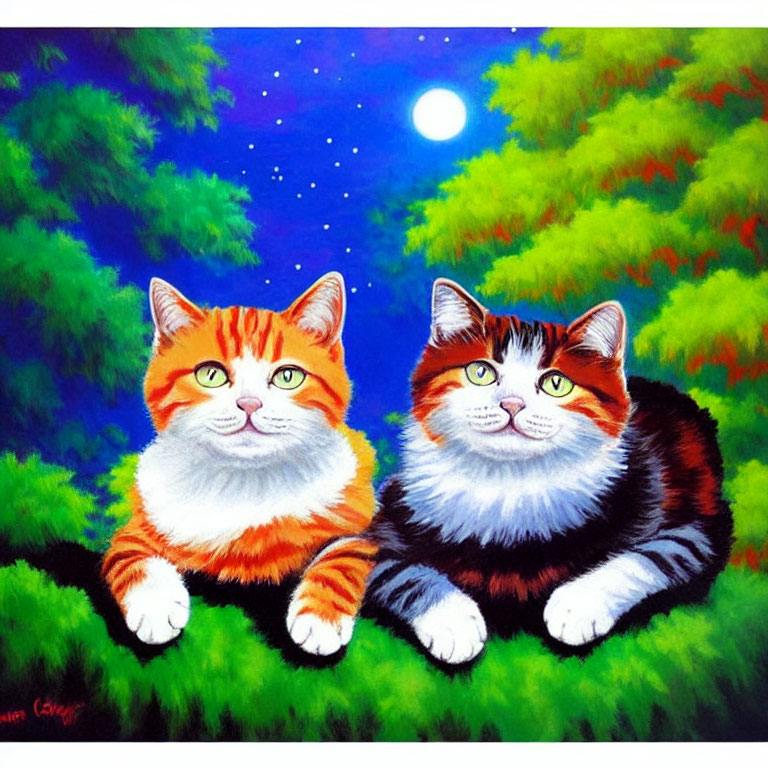 2 cats watching moon